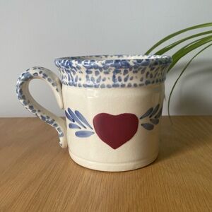 Vintage Spongeware Ceramic Mug with Red Heart and Blue Speckle